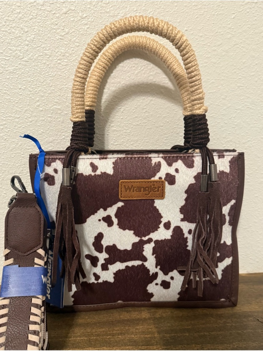 Wrangler Brown Cow Print Small Tote/Crossbody Bag w/ Braided Handles